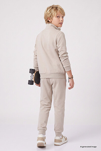 Tommylife Toptan Bej Standart Fit Basic Dik Yaka Jogger Erkek Çocuk Eşofman Takım - 11327 - 5