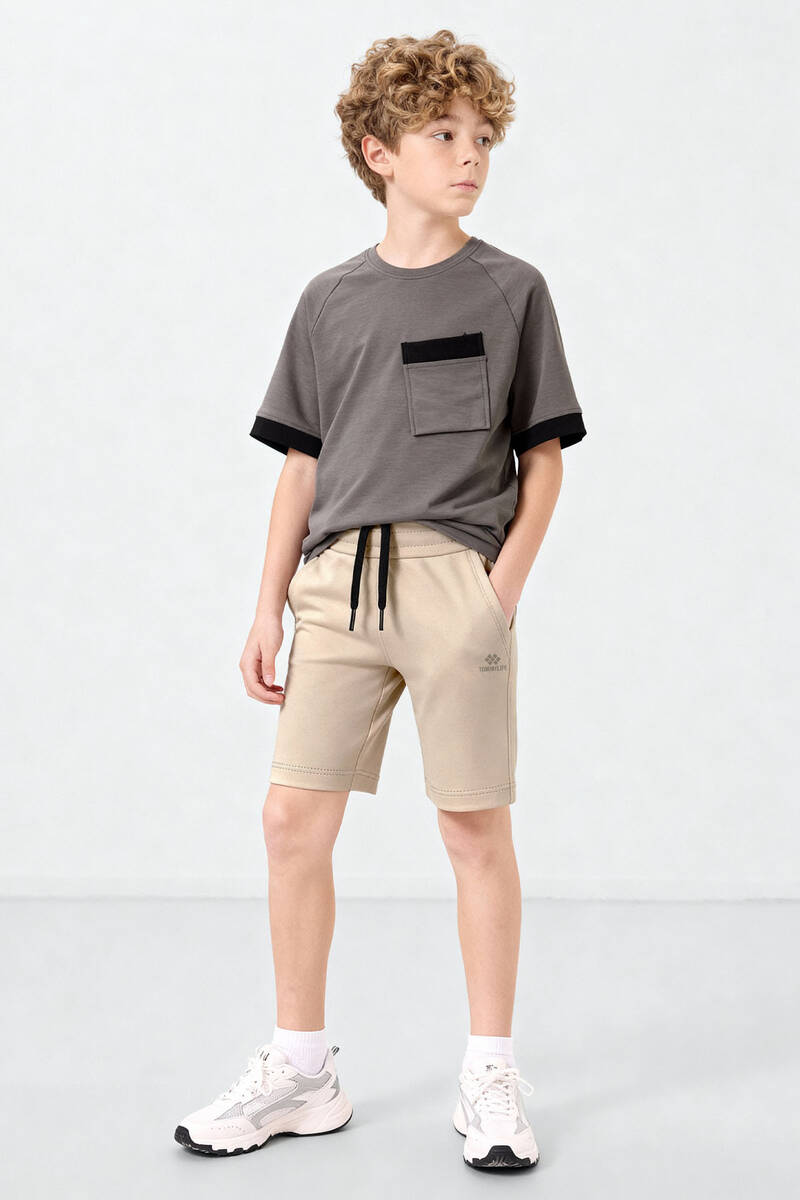 TOMMYLIFE - Tommlife Toptan Bej Standart Fit Basic Performans Erkek Çocuk Şort - 11303