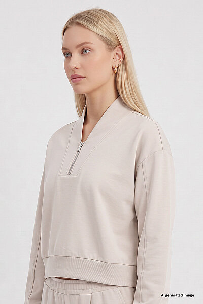 Tommylife Toptan Bej Standart Kalıp Crop Geniş Paça Kadın Eşofman Takım - 95359 - 2