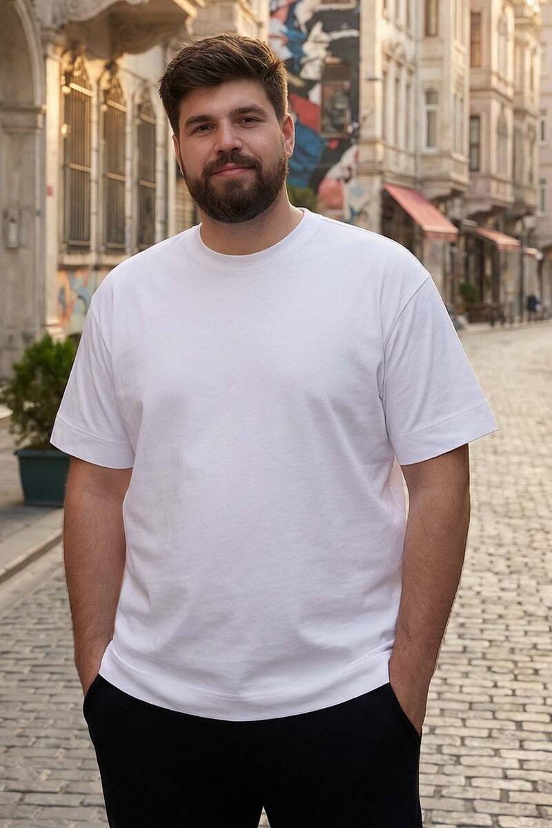 TOMMYLIFE - Tommylife Toptan Beyaz Basic Kısa Kol O Yaka Büyük Beden Erkek T-Shirt - 88072