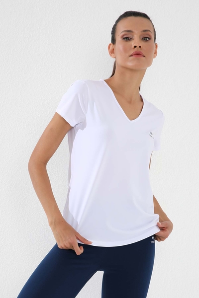 Tommylife Toptan Beyaz Basic Kısa Kol Standart Kalıp V Yaka Kadın T-Shirt - 97145 - Thumbnail
