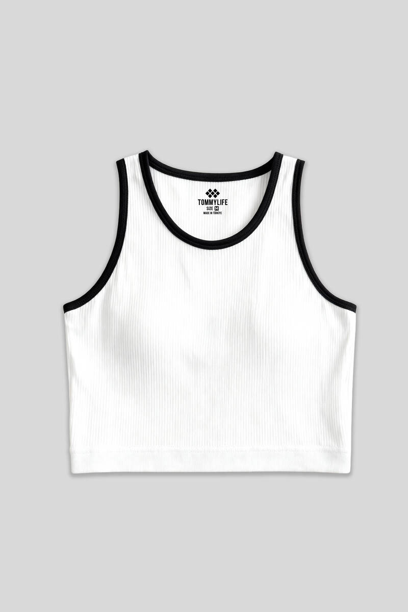 TOMMYLIFE - Tommylife Toptan Beyaz Basic Sıfır Kol Dar Kalıp U Yaka Kadın Crop Top Atlet - 97162