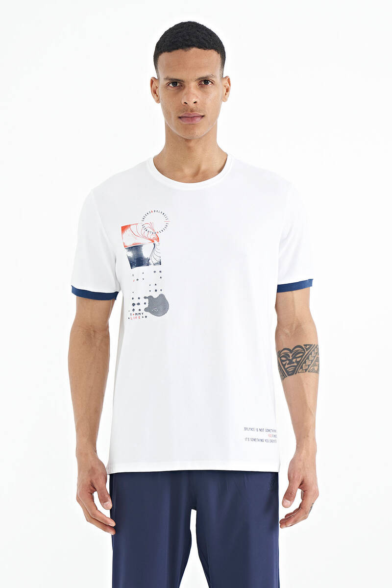 TOMMYLIFE - Tommylife Toptan Beyaz Baskı O Yaka Detaylı Standart Form Erkek T-Shirt - 88216
