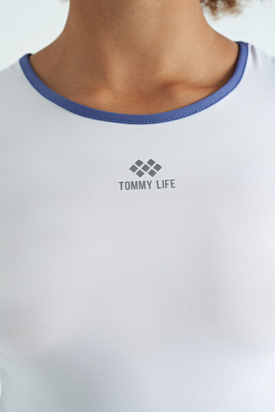 Tommylife Toptan Beyaz Bel Bağlama Detaylı O Yaka Standart Kalıp Dalgıç Kumaş Kadın Crop T-Shirt - 97266 - Thumbnail