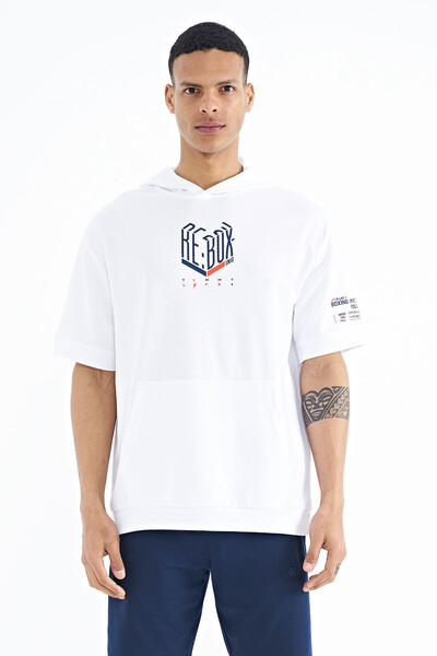 Tommylife Toptan Beyaz Kol ve Ön Baskılı Kapüşonlu Oversize Erkek T-Shirt - 88194 - Thumbnail