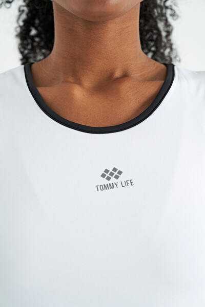 Tommylife Toptan Beyaz Logo Baskılı Biye Şeritli Standart Kalıp Kadın Spor Atlet - 97255 - Thumbnail