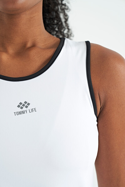 Tommylife Toptan Beyaz Logo Baskılı Biye Şeritli Standart Kalıp Kadın Spor Atlet - 97255 - Thumbnail
