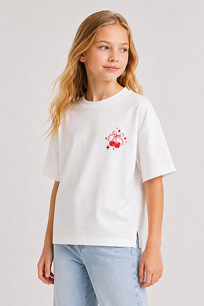 Tommylife Toptan Beyaz Oversize Kısa Kollu Baskılı Kız Çocuk T-Shirt - 75176