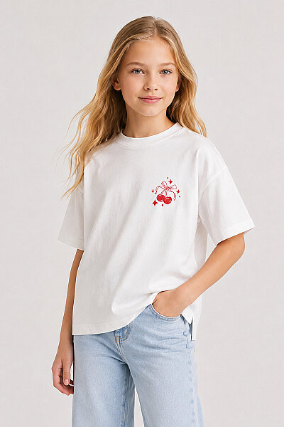 Tommylife Toptan Beyaz Oversize Kısa Kollu Baskılı Kız Çocuk T-Shirt - 75176 - 2
