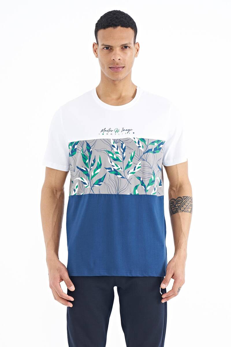 TOMMYLIFE - Tommylife Toptan Beyaz Renk Geçişli Baskı Detaylı O Yaka Standart Kalıp Erkek T-Shirt - 88177