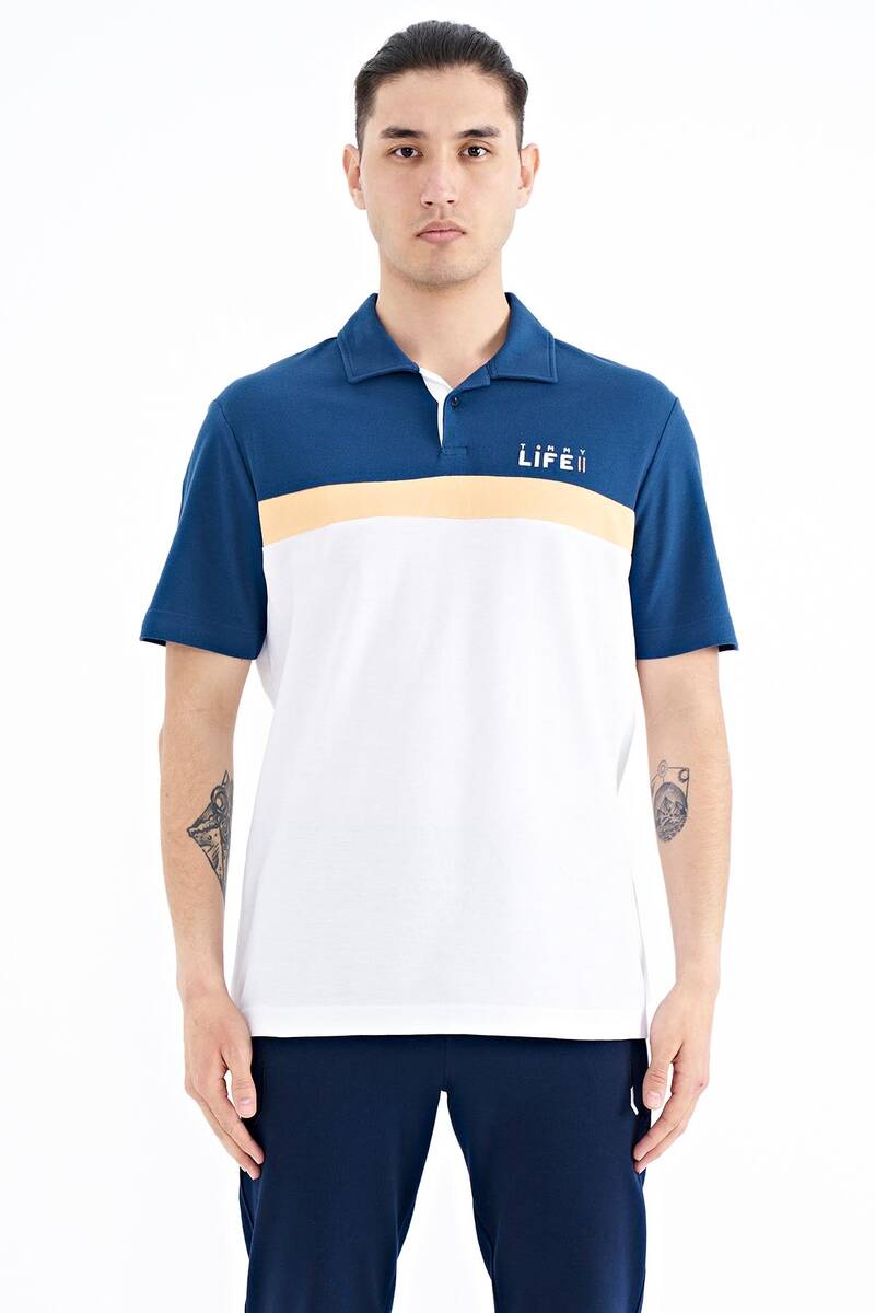 TOMMYLIFE - Tommylife Toptan Beyaz Renk Geçişli Polo Yaka Standart Kalıp Erkek T-Shirt - 88238