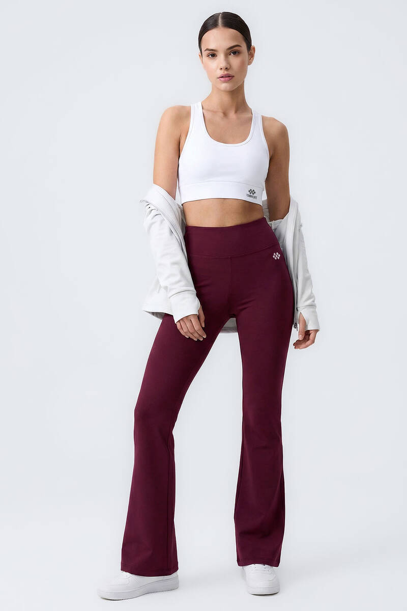 TOMMYLIFE - Tommylife Toptan Bordo Esnek Yüksek Bel Spor Performans Kadın İspanyol Paça Tayt - 94686