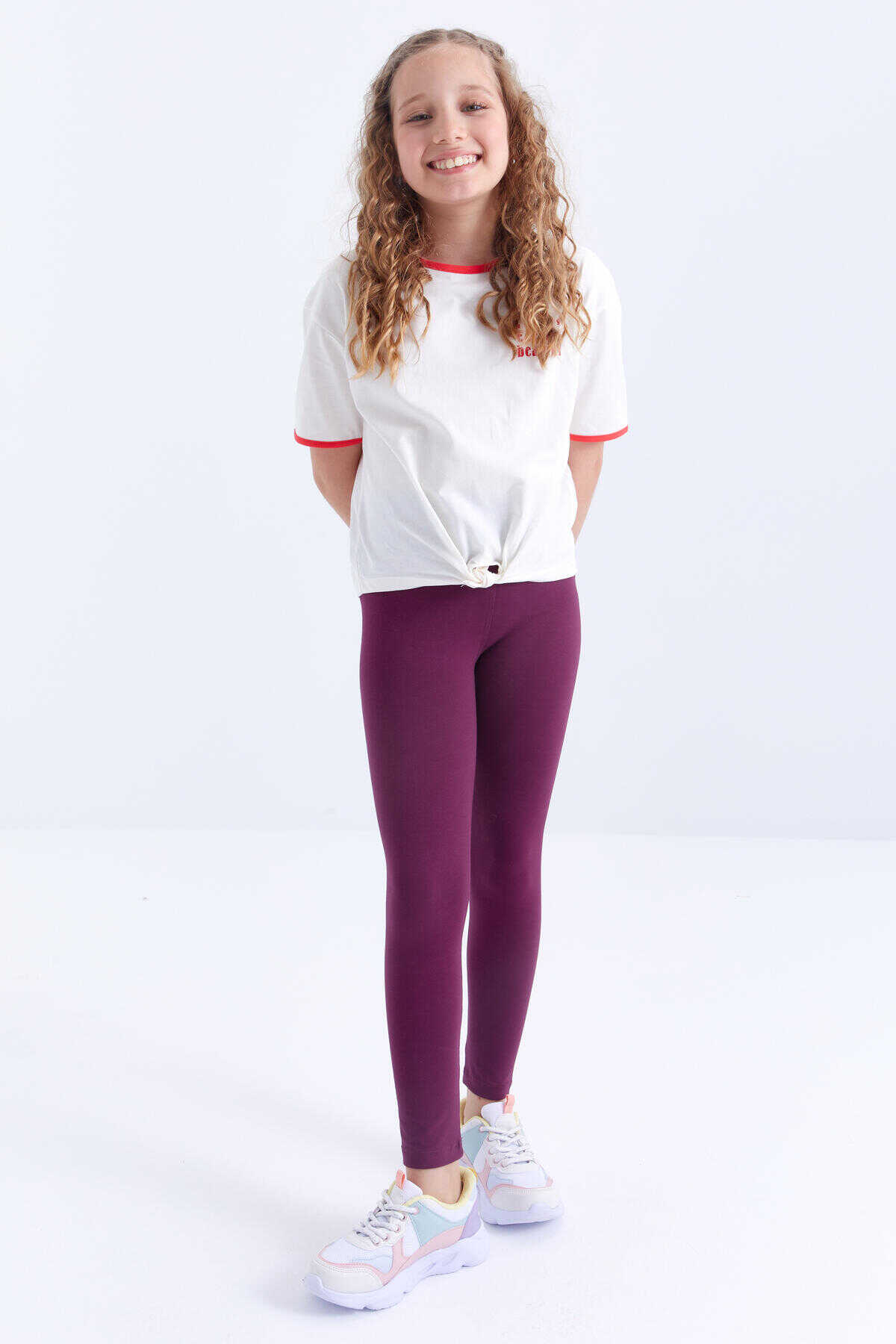 Tommylife Toptan Bordo Yüksek Bel Dar Paça Kız Çocuk Tayt - 75047 - 3
