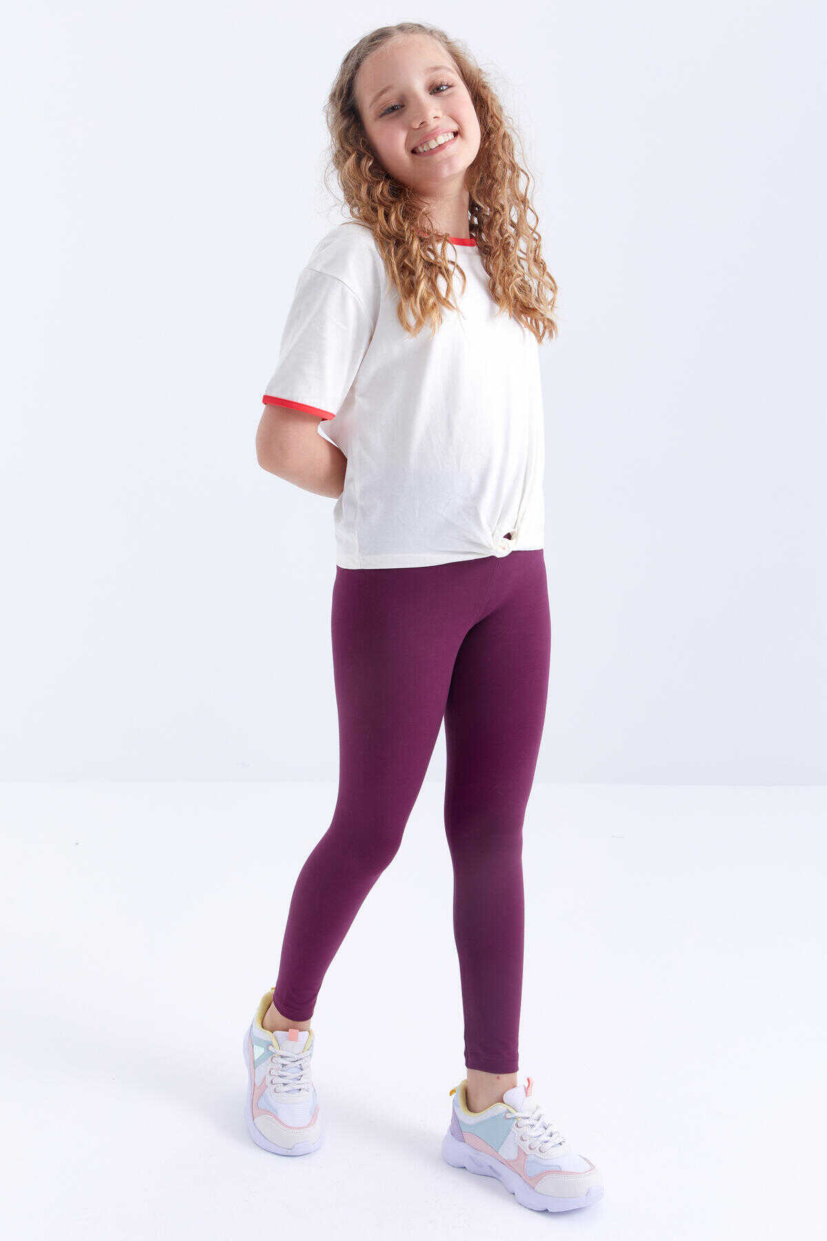 Tommylife Toptan Bordo Yüksek Bel Dar Paça Kız Çocuk Tayt - 75047 - 5