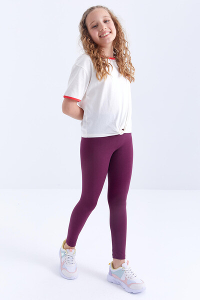 Tommylife Toptan Bordo Yüksek Bel Dar Paça Kız Çocuk Tayt - 75047 - 5
