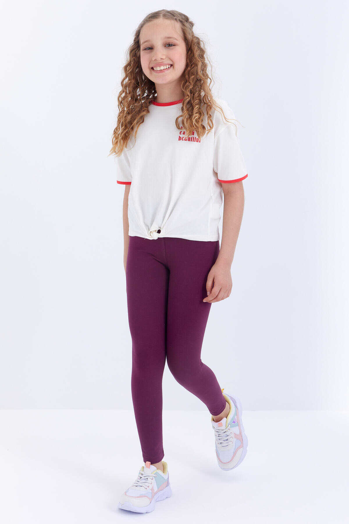 Tommylife Toptan Bordo Yüksek Bel Dar Paça Kız Çocuk Tayt - 75047 - 7