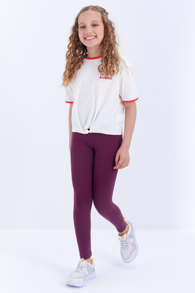 Tommylife Toptan Bordo Yüksek Bel Dar Paça Kız Çocuk Tayt - 75047 - 7