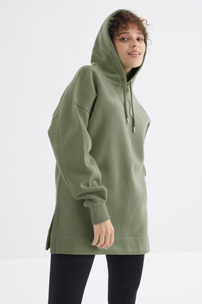 Tommylife Toptan Çağla Reglan Kol Basic Kapüşonlu Oversize Tunik - 97242 - Thumbnail