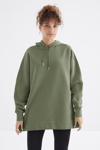 Tommylife Toptan Çağla Reglan Kol Basic Kapüşonlu Oversize Tunik - 97242 - Thumbnail