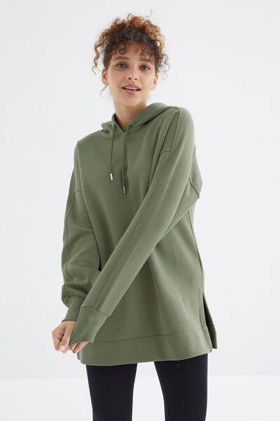 Tommylife Toptan Çağla Reglan Kol Basic Kapüşonlu Oversize Tunik - 97242 - Thumbnail