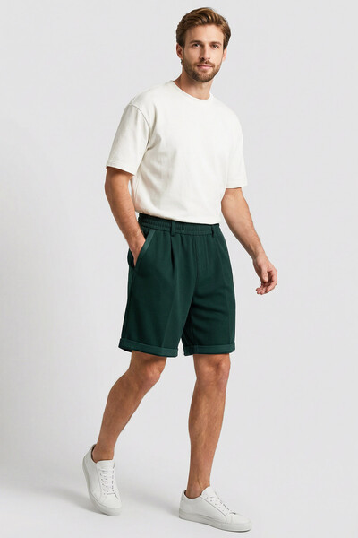 Tommylife Toptan Çam Yeşili Oversize Fit Basic Kemer Detaylı Erkek Şort - 81285 - Thumbnail