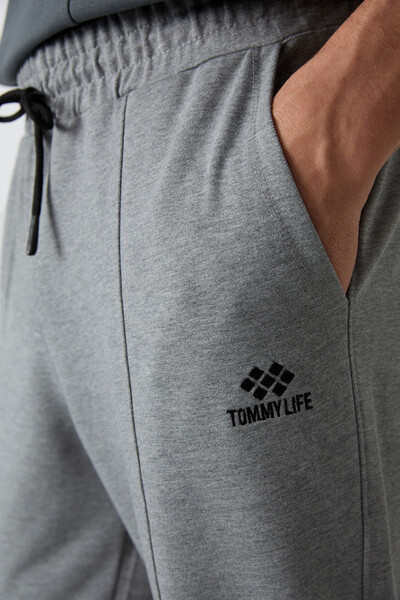 Tommylife Toptan Comfort Fit Nakışlı Erkek Jogger Eşofman Alt 82123 Gri Melanj - Thumbnail