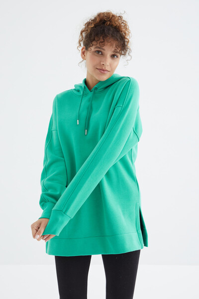Tommylife Toptan Deniz Yeşili Reglan Kol Basic Kapüşonlu Oversize Tunik - 97242 - Thumbnail
