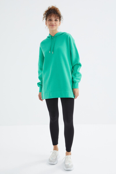 Tommylife Toptan Deniz Yeşili Reglan Kol Basic Kapüşonlu Oversize Tunik - 97242 - Thumbnail