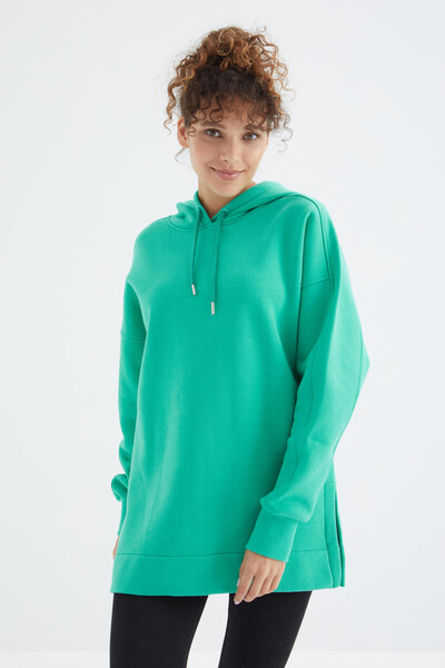 Tommylife Toptan Deniz Yeşili Reglan Kol Basic Kapüşonlu Oversize Tunik - 97242 - Thumbnail