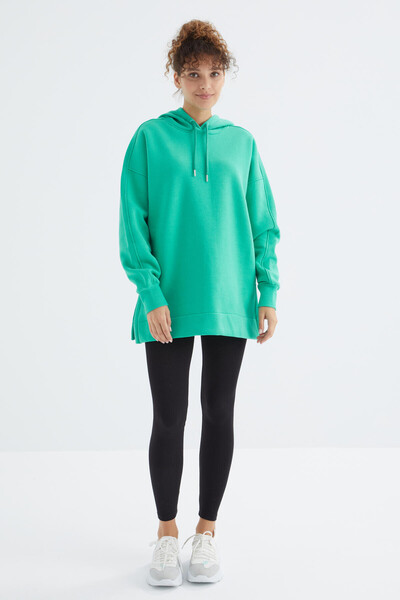 Tommylife Toptan Deniz Yeşili Reglan Kol Basic Kapüşonlu Oversize Tunik - 97242 - Thumbnail