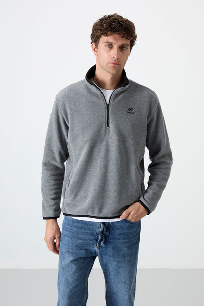 Tommylife Toptan Dik Yaka Dar Kalıp Yarım Fermuar Erkek Polar Sweatshirt 87891 Gri Melanj
