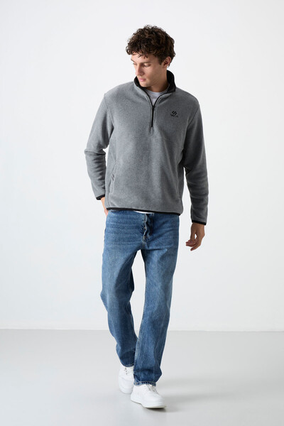 Tommylife Toptan Dik Yaka Dar Kalıp Yarım Fermuar Erkek Polar Sweatshirt 87891 Gri Melanj - 2