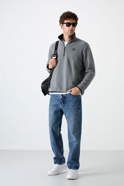 Tommylife Toptan Dik Yaka Dar Kalıp Yarım Fermuar Erkek Polar Sweatshirt 87891 Gri Melanj - 4