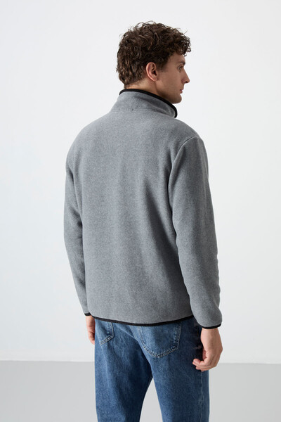 Tommylife Toptan Dik Yaka Dar Kalıp Yarım Fermuar Erkek Polar Sweatshirt 87891 Gri Melanj - 6