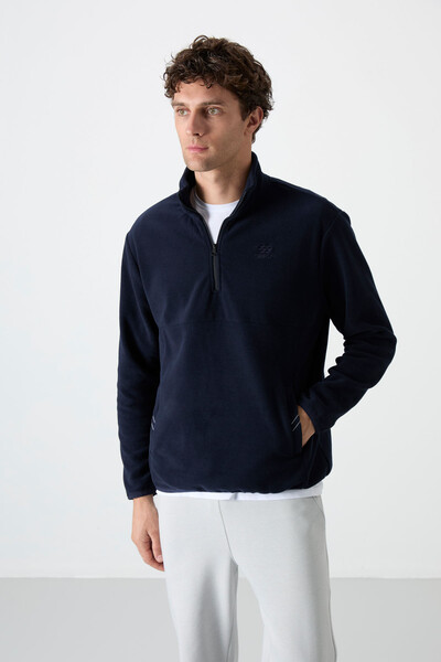 Tommylife Toptan Dik Yaka Dar Kalıp Yarım Fermuar Erkek Polar Sweatshirt 87891 Lacivert - 5