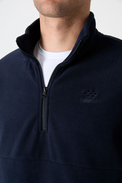 Tommylife Toptan Dik Yaka Dar Kalıp Yarım Fermuar Erkek Polar Sweatshirt 87891 Lacivert - 6