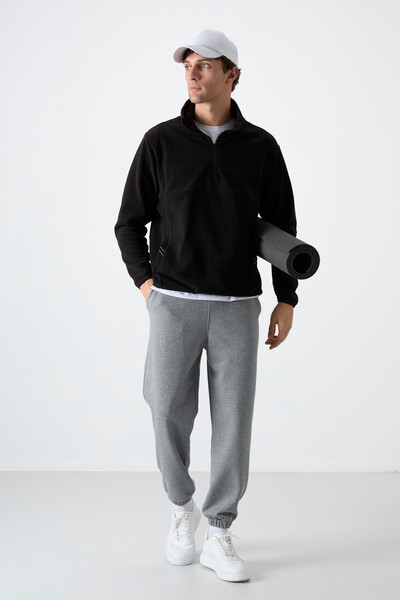 Tommylife Toptan Dik Yaka Dar Kalıp Yarım Fermuar Erkek Polar Sweatshirt 87891 Siyah - 2
