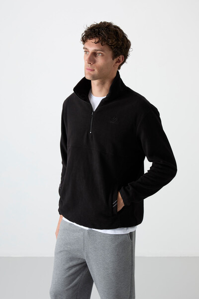 Tommylife Toptan Dik Yaka Dar Kalıp Yarım Fermuar Erkek Polar Sweatshirt 87891 Siyah - 3