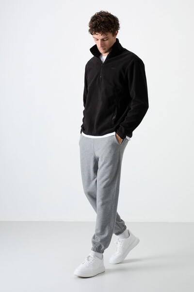 Tommylife Toptan Dik Yaka Dar Kalıp Yarım Fermuar Erkek Polar Sweatshirt 87891 Siyah - 4