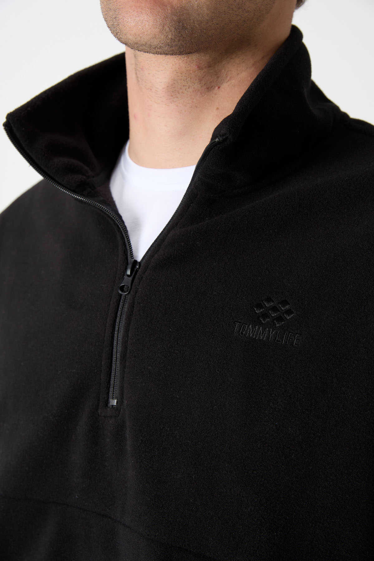 Tommylife Toptan Dik Yaka Dar Kalıp Yarım Fermuar Erkek Polar Sweatshirt 87891 Siyah - 5