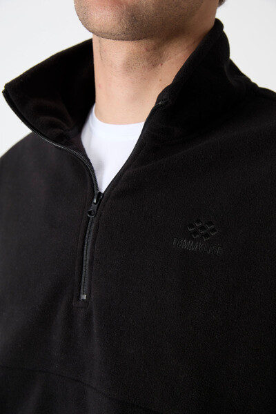 Tommylife Toptan Dik Yaka Dar Kalıp Yarım Fermuar Erkek Polar Sweatshirt 87891 Siyah - 5