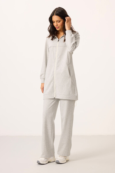TOMMYLIFE - Tommylife Toptan Dik Yaka Fermuarlı Pamuklu Kadın Eşofman Tunik Takım - 95346 Gri Melanj
