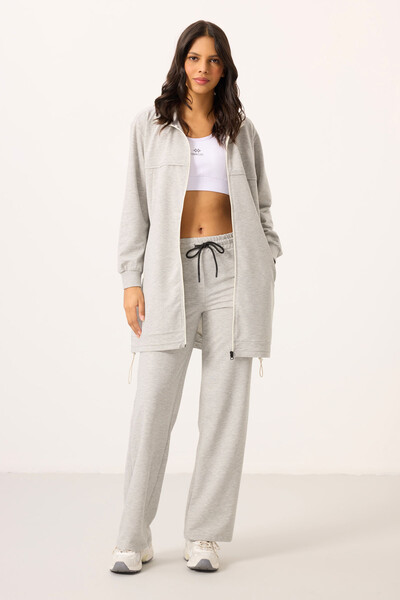 Tommylife Toptan Dik Yaka Fermuarlı Pamuklu Kadın Eşofman Tunik Takım - 95346 Gri Melanj - Thumbnail