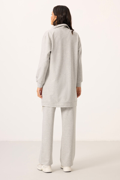 Tommylife Toptan Dik Yaka Fermuarlı Pamuklu Kadın Eşofman Tunik Takım - 95346 Gri Melanj - Thumbnail
