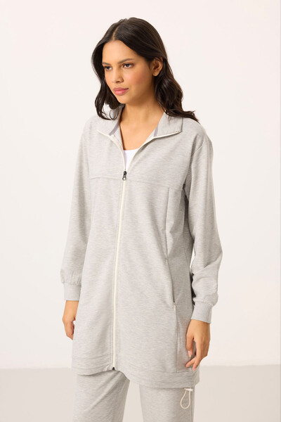 Tommylife Toptan Dik Yaka Fermuarlı Pamuklu Kadın Eşofman Tunik Takım - 95346 Gri Melanj - Thumbnail