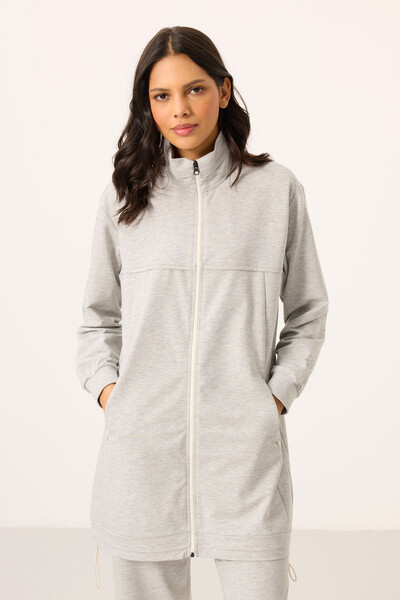 Tommylife Toptan Dik Yaka Fermuarlı Pamuklu Kadın Eşofman Tunik Takım - 95346 Gri Melanj - Thumbnail