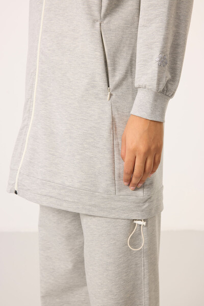 Tommylife Toptan Dik Yaka Fermuarlı Pamuklu Kadın Eşofman Tunik Takım - 95346 Gri Melanj - Thumbnail