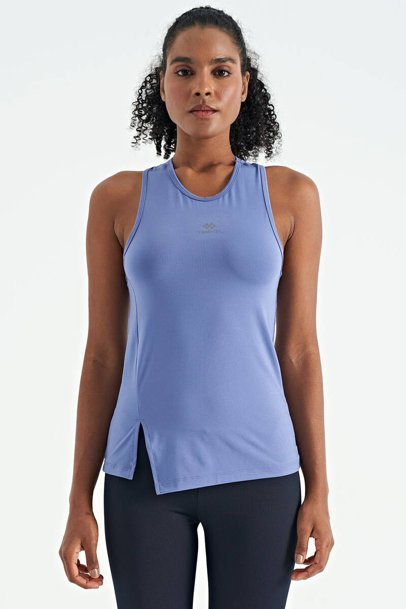 TOMMYLIFE - Tommylife Toptan Eflatun Yırtmaç Detaylı O Yaka Sıfır Kollu Standart Kalıp Kadın Spor Atlet - 97256