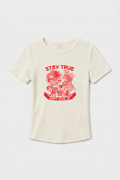 TOMMYLIFE - Tommylife Toptan Ekru Baskılı O Yaka Kadın T-Shirt - 97201