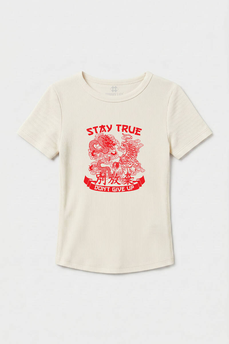 TOMMYLIFE - Tommylife Toptan Ekru Baskılı O Yaka Kadın T-Shirt - 97201